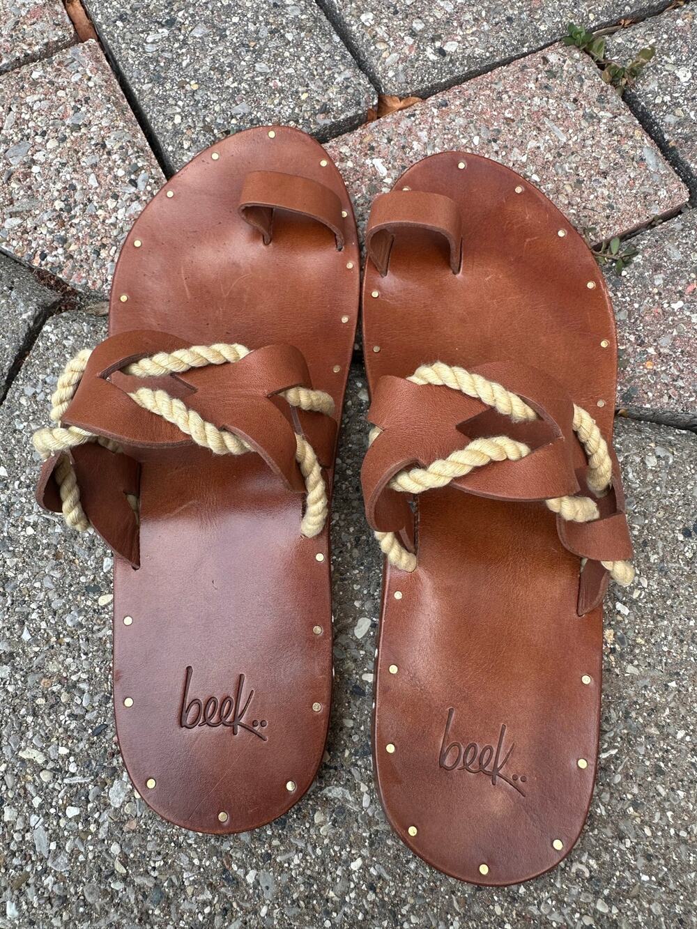 Beek ‘Treepie’ Cognac Leather Rope Detail Flat Sandals Size 9 - GUC!